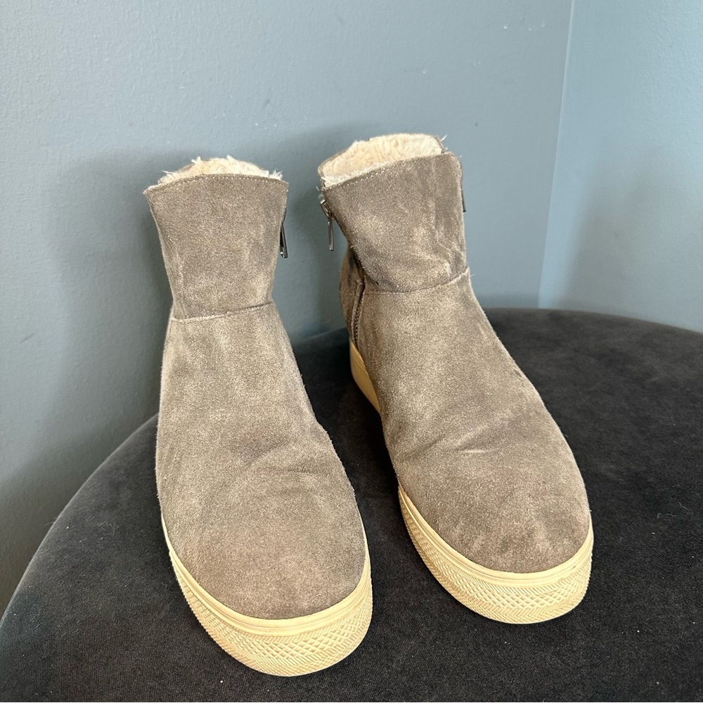 Steve Madden Women's Wanda Faux Fur Wedge Sneaker in Taupe Suede - Picture 6 of 9